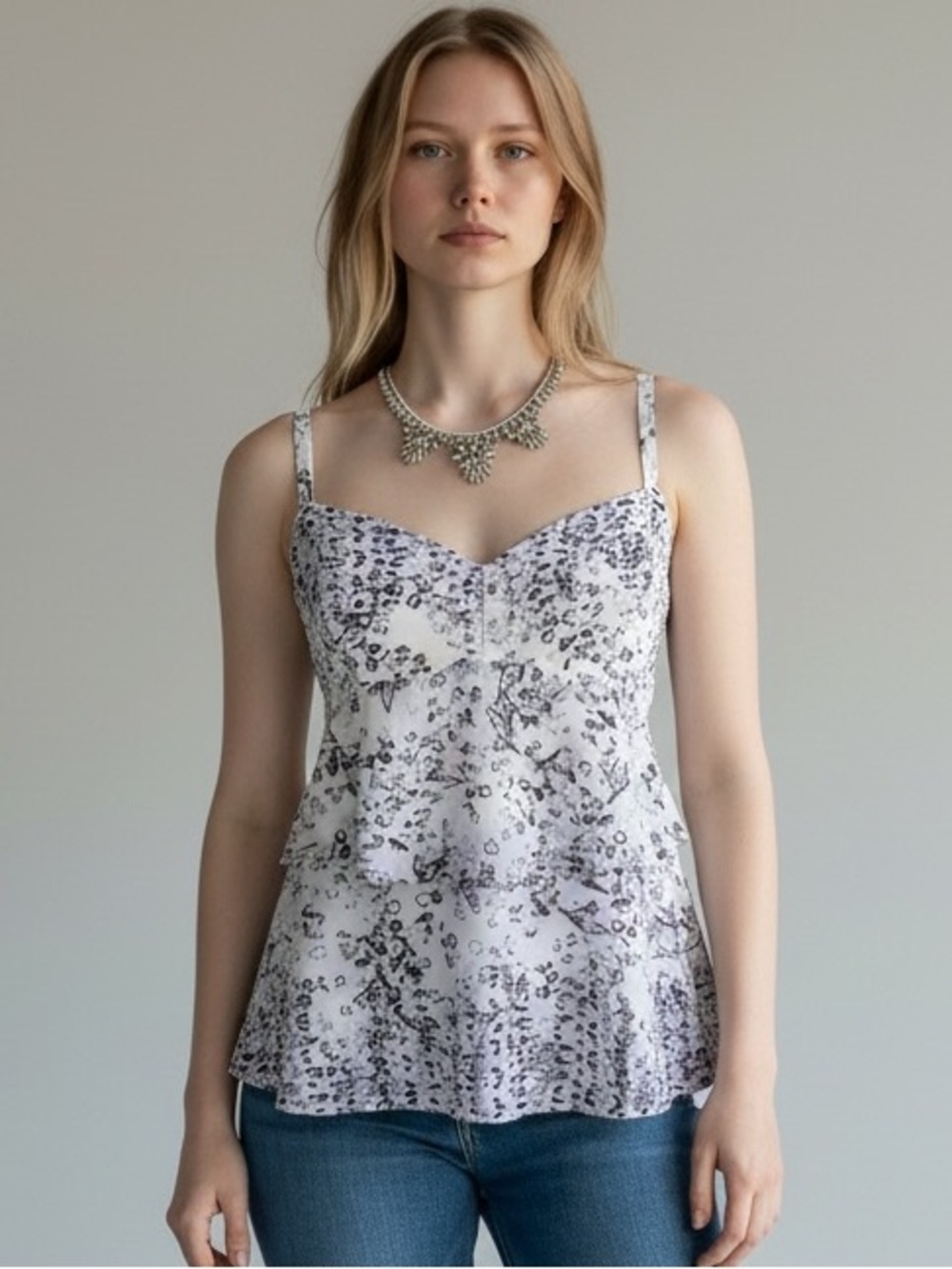 CAbi White Tank Top Printed Ruffle Layer Size Small